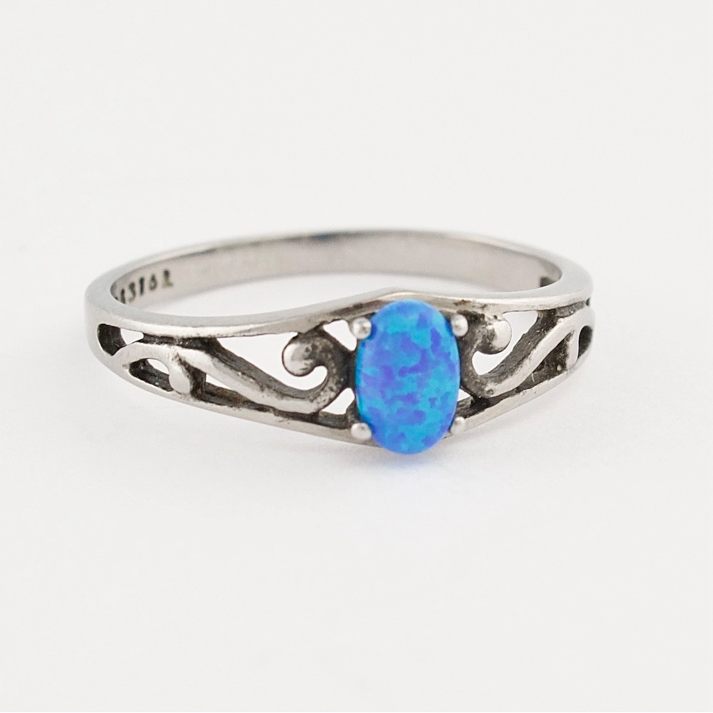 Estate Synthetic Blue Opal Silver Tone Ring Size 8